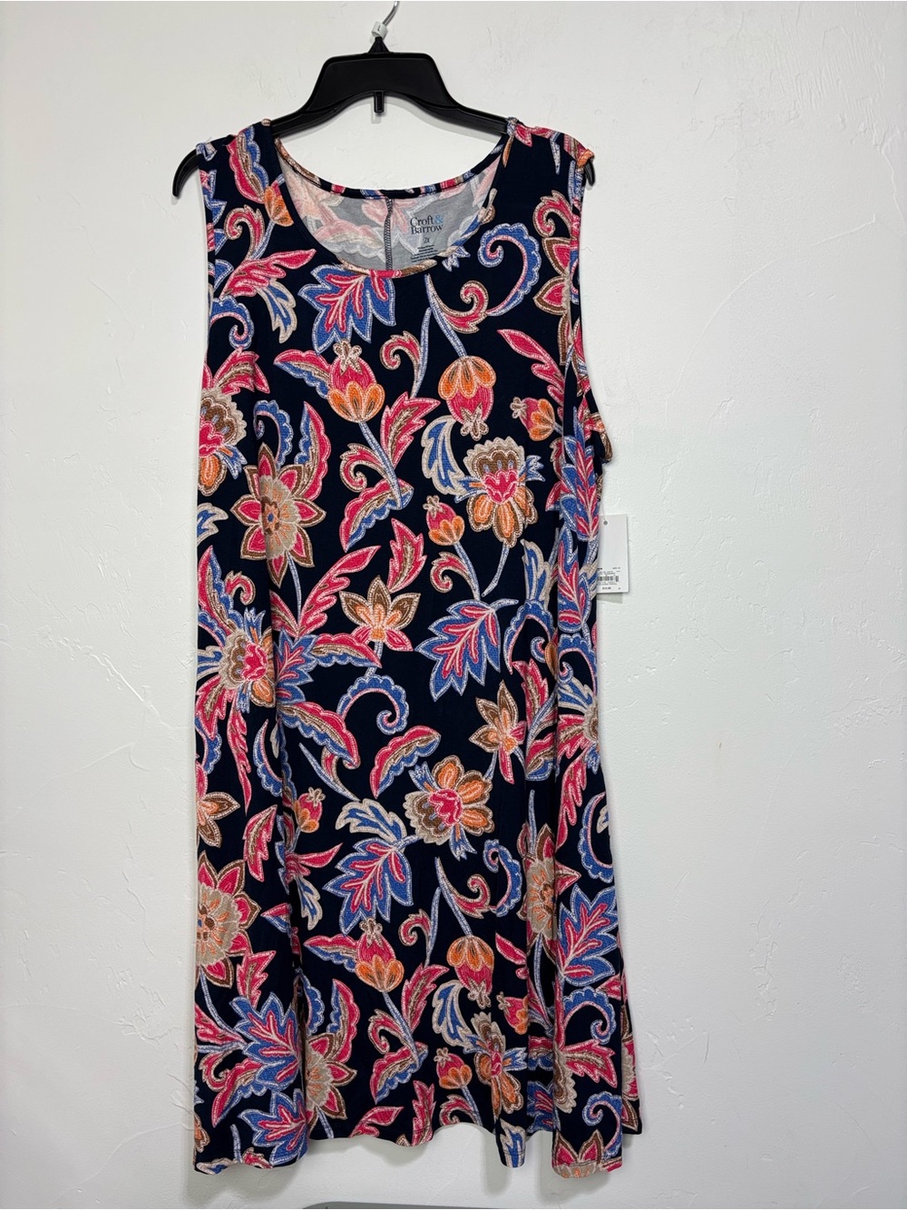 Croft & Barrow Women's Plus 2X Navy Floral Shift Dress Sleeveless Stretch HOLE